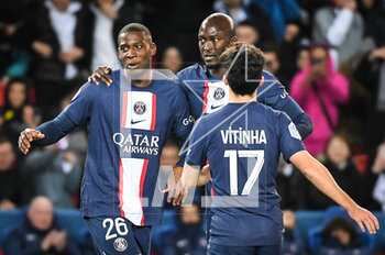 2023-03-04 - Nordi MUKIELE of PSG celebrate the goal with Danilo PEREIRA of PSG and Vitor MACHADO FERREIRA (Vitinha) of PSG during the French championship Ligue 1 football match between Paris Saint-Germain and FC Nantes on March 4, 2023 at Parc des Princes stadium in Paris, France - FOOTBALL - FRENCH CHAMP - PARIS SG V NANTES - FRENCH LIGUE 1 - SOCCER