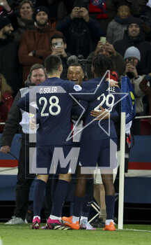 2023-03-04 - Kylian Mbappe of PSG celebrates his 201st goal for PSG with teammates during the French championship Ligue 1 football match between Paris Saint-Germain (PSG) and FC Nantes (FCN) on March 4, 2023 at Parc des Princes stadium in Paris, France - FOOTBALL - FRENCH CHAMP - PARIS SG V NANTES - FRENCH LIGUE 1 - SOCCER