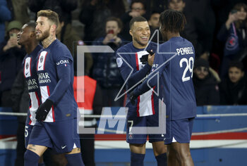 2023-03-04 - Kylian Mbappe of PSG celebrates his 201st goal for PSG with Timothee Pembele and teammates during the French championship Ligue 1 football match between Paris Saint-Germain (PSG) and FC Nantes (FCN) on March 4, 2023 at Parc des Princes stadium in Paris, France - FOOTBALL - FRENCH CHAMP - PARIS SG V NANTES - FRENCH LIGUE 1 - SOCCER