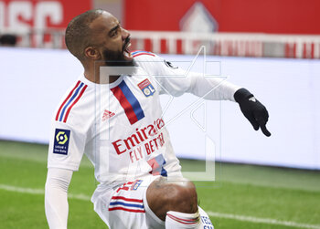 2023-03-10 - Alexandre Lacazette of Lyon celebrates his goal during the French championship Ligue 1 football match between Losc Lille and Olympique Lyonnais (Lyon) on March 10, 2023 at Pierre Mauroy stadium in Villeneuve-d'Ascq near Lille, France - FOOTBALL - FRENCH CHAMP - LILLE V LYON - FRENCH LIGUE 1 - SOCCER
