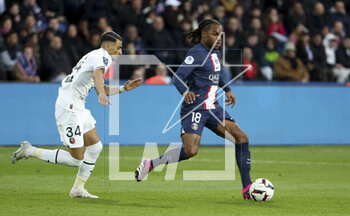 2023-03-19 - Renato Sanches of PSG, Ibrahim Salah of Rennes (left) during the French championship Ligue 1 football match between Paris Saint-Germain and Stade Rennais (Rennes) on March 19, 2023 at Parc des Princes stadium in Paris, France - FOOTBALL - FRENCH CHAMP - PARIS SG V RENNES - FRENCH LIGUE 1 - SOCCER