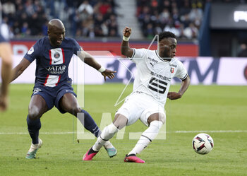 2023-03-19 - Arnaud Kalimuendo of Rennes, Danilo Pereira of PSG (left) during the French championship Ligue 1 football match between Paris Saint-Germain and Stade Rennais (Rennes) on March 19, 2023 at Parc des Princes stadium in Paris, France - FOOTBALL - FRENCH CHAMP - PARIS SG V RENNES - FRENCH LIGUE 1 - SOCCER