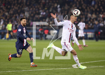 2023-04-02 - Lionel Messi of PSG, Dejan Lovren of Lyon during the French championship Ligue 1 football match between Paris Saint-Germain and Olympique Lyonnais (Lyon) on April 2, 2023 at Parc des Princes stadium in Paris, France - FOOTBALL - FRENCH CHAMP - PARIS SG V LYON - FRENCH LIGUE 1 - SOCCER