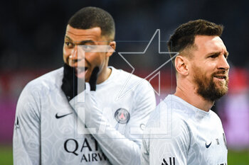 2023-04-02 - Kylian MBAPPE of PSG and Lionel (Leo) MESSI of PSG during the French championship Ligue 1 football match between Paris Saint-Germain and Olympique Lyonnais (Lyon) on April 2, 2023 at Parc des Princes stadium in Paris, France - FOOTBALL - FRENCH CHAMP - PARIS SG V LYON - FRENCH LIGUE 1 - SOCCER