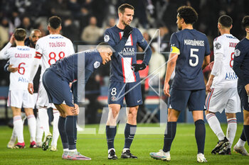 2023-04-02 - Kylian MBAPPE of PSG and Fabian RUIZ of PSG look dejected and MARQUINHOS of PSG during the French championship Ligue 1 football match between Paris Saint-Germain and Olympique Lyonnais (Lyon) on April 2, 2023 at Parc des Princes stadium in Paris, France - FOOTBALL - FRENCH CHAMP - PARIS SG V LYON - FRENCH LIGUE 1 - SOCCER