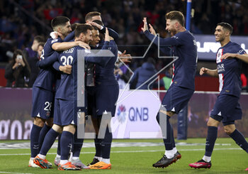 2023-04-15 - Kylian Mbappe, Sergio Ramos, Achraf Hakimi of PSG celebrate the goal of Lionel Messi #30 (left) during the French championship Ligue 1 football match between Paris Saint-Germain and RC Lens on April 15, 2023 at Parc des Princes stadium in Paris, France - FOOTBALL - FRENCH CHAMP - PARIS SG V LENS - FRENCH LIGUE 1 - SOCCER