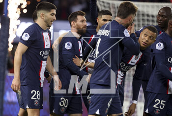 2023-04-15 - Lionel Messi of PSG celebrates his goal with Carlos Soler, Kylian Mbappe and teammates during the French championship Ligue 1 football match between Paris Saint-Germain and RC Lens on April 15, 2023 at Parc des Princes stadium in Paris, France - FOOTBALL - FRENCH CHAMP - PARIS SG V LENS - FRENCH LIGUE 1 - SOCCER