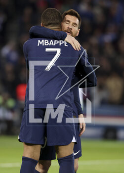 2023-04-15 - Lionel Messi of PSG celebrates his goal with Kylian Mbappe during the French championship Ligue 1 football match between Paris Saint-Germain and RC Lens on April 15, 2023 at Parc des Princes stadium in Paris, France - FOOTBALL - FRENCH CHAMP - PARIS SG V LENS - FRENCH LIGUE 1 - SOCCER