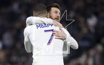 2023-04-21 - Kylian Mbappe of PSG celebrates his second goal with Lionel Messi during the French championship Ligue 1 football match between SCO Angers and Paris Saint-Germain (PSG) on April 21, 2023 at Stade Raymond Kopa in Angers, France - FOOTBALL - FRENCH CHAMP - ANGERS V PARIS SG - FRENCH LIGUE 1 - SOCCER
