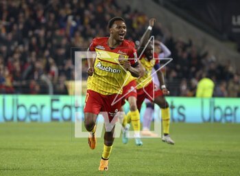 2023-04-22 - Lois Openda of Lens celebrates his first goal during the French championship Ligue 1 football match between RC Lens and AS Monaco on April 22, 2023 at Bollaert-Delelis stadium in Lens, France - FOOTBALL - FRENCH CHAMP - LENS V MONACO - FRENCH LIGUE 1 - SOCCER