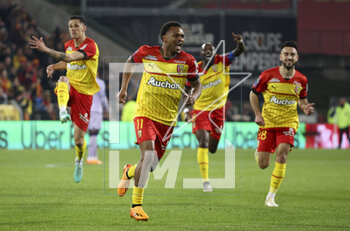 2023-04-22 - Lois Openda of Lens celebrates his first goal with teammates during the French championship Ligue 1 football match between RC Lens and AS Monaco on April 22, 2023 at Bollaert-Delelis stadium in Lens, France - FOOTBALL - FRENCH CHAMP - LENS V MONACO - FRENCH LIGUE 1 - SOCCER
