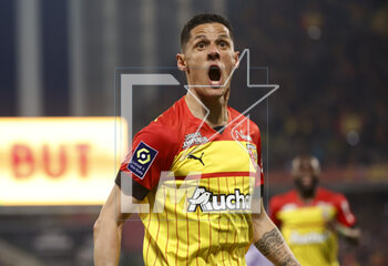 2023-04-22 - Florian Sotoca of Lens celebrates the second goal of Lois Openda of Lens during the French championship Ligue 1 football match between RC Lens and AS Monaco on April 22, 2023 at Bollaert-Delelis stadium in Lens, France - FOOTBALL - FRENCH CHAMP - LENS V MONACO - FRENCH LIGUE 1 - SOCCER
