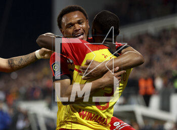 2023-04-22 - Lois Openda of Lens celebrates his second goal with Deiver Machado during the French championship Ligue 1 football match between RC Lens and AS Monaco on April 22, 2023 at Bollaert-Delelis stadium in Lens, France - FOOTBALL - FRENCH CHAMP - LENS V MONACO - FRENCH LIGUE 1 - SOCCER