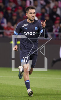 2023-04-23 - Cengiz Under of Marseille celebrates his goal during the French championship Ligue 1 football match between Olympique Lyonnais (Lyon) and Olympique de Marseille on April 23, 2023 at Groupama stadium in Decines-Charpieu near Lyon, France - FOOTBALL - FRENCH CHAMP - LYON V MARSEILLE - FRENCH LIGUE 1 - SOCCER