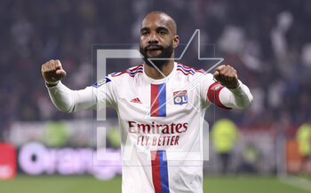 2023-04-23 - Alexandre Lacazette of Lyon celebrates his goal during the French championship Ligue 1 football match between Olympique Lyonnais (Lyon) and Olympique de Marseille on April 23, 2023 at Groupama stadium in Decines-Charpieu near Lyon, France - FOOTBALL - FRENCH CHAMP - LYON V MARSEILLE - FRENCH LIGUE 1 - SOCCER