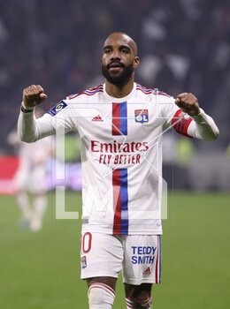 2023-04-23 - Alexandre Lacazette of Lyon celebrates his goal during the French championship Ligue 1 football match between Olympique Lyonnais (Lyon) and Olympique de Marseille on April 23, 2023 at Groupama stadium in Decines-Charpieu near Lyon, France - FOOTBALL - FRENCH CHAMP - LYON V MARSEILLE - FRENCH LIGUE 1 - SOCCER