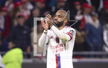 2023-04-23 - Alexandre Lacazette of Lyon salutes the supporters following the French championship Ligue 1 football match between Olympique Lyonnais (Lyon) and Olympique de Marseille on April 23, 2023 at Groupama stadium in Decines-Charpieu near Lyon, France - FOOTBALL - FRENCH CHAMP - LYON V MARSEILLE - FRENCH LIGUE 1 - SOCCER
