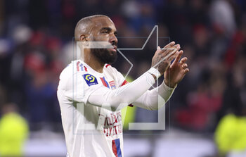 2023-04-23 - Alexandre Lacazette of Lyon salutes the supporters following the French championship Ligue 1 football match between Olympique Lyonnais (Lyon) and Olympique de Marseille on April 23, 2023 at Groupama stadium in Decines-Charpieu near Lyon, France - FOOTBALL - FRENCH CHAMP - LYON V MARSEILLE - FRENCH LIGUE 1 - SOCCER