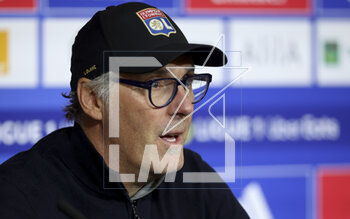 2023-04-23 - Coach of Olympique Lyonnais Laurent Blanc answers to the media during the post-match press conference following the French championship Ligue 1 football match between Olympique Lyonnais (Lyon) and Olympique de Marseille on April 23, 2023 at Groupama stadium in Decines-Charpieu near Lyon, France - FOOTBALL - FRENCH CHAMP - LYON V MARSEILLE - FRENCH LIGUE 1 - SOCCER