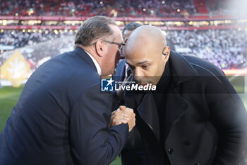 2023-04-23 - John TEXTOR of Lyon and Thierry HENRY of Amazon Prime during the French championship Ligue 1 football match between Olympique Lyonnais (Lyon) and Olympique de Marseille on April 23, 2023 at Groupama stadium in Decines-Charpieu near Lyon, France - FOOTBALL - FRENCH CHAMP - LYON V MARSEILLE - FRENCH LIGUE 1 - SOCCER