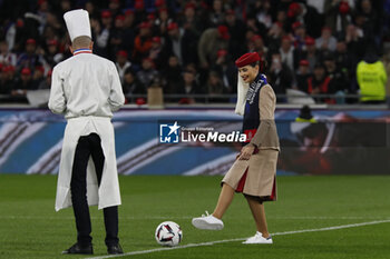 2023-04-23 - Stewardess of Emirates and Gilles REINHARDT Chef Exécutif of Paul BOCUSE restaurant during the French championship Ligue 1 football match between Olympique Lyonnais (Lyon) and Olympique de Marseille on April 23, 2023 at Groupama stadium in Decines-Charpieu near Lyon, France - FOOTBALL - FRENCH CHAMP - LYON V MARSEILLE - FRENCH LIGUE 1 - SOCCER