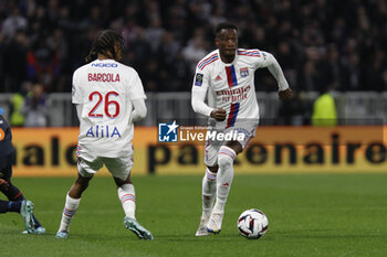 2023-04-23 - Sinaly DIOMANDE of Lyon and Bradley BARCOLA of Lyon and Issa KABORE of Marseille during the French championship Ligue 1 football match between Olympique Lyonnais (Lyon) and Olympique de Marseille on April 23, 2023 at Groupama stadium in Decines-Charpieu near Lyon, France - FOOTBALL - FRENCH CHAMP - LYON V MARSEILLE - FRENCH LIGUE 1 - SOCCER