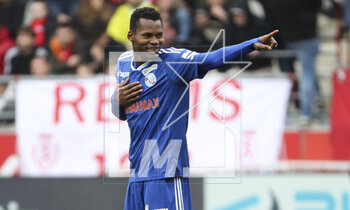2023-04-23 - Habib Diallo of Strasbourg celebrates his first goal during the French championship Ligue 1 football match between Stade de Reims and RC Strasbourg on April 23, 2023 at Stade Auguste Delaune in Reims, France - FOOTBALL - FRENCH CHAMP - REIMS V STRASBOURG - FRENCH LIGUE 1 - SOCCER