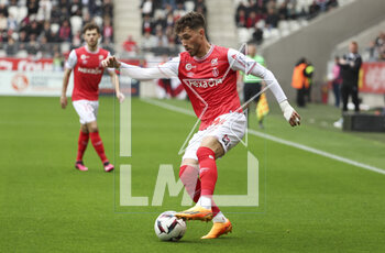 2023-04-23 - Maxime Busi of Reims during the French championship Ligue 1 football match between Stade de Reims and RC Strasbourg on April 23, 2023 at Stade Auguste Delaune in Reims, France - FOOTBALL - FRENCH CHAMP - REIMS V STRASBOURG - FRENCH LIGUE 1 - SOCCER