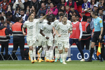 2023-04-30 - Romain Faivre of Lorient #14 celebrates his goal with teammates during the French championship Ligue 1 football match between Paris Saint-Germain and FC Lorient on April 30, 2023 at Parc des Princes stadium in Paris, France - FOOTBALL - FRENCH CHAMP - PARIS SG V LORIENT - FRENCH LIGUE 1 - SOCCER