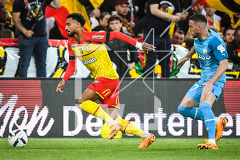 2023-05-06 - Angelo FULGINI of Lens and Jordan VERETOUT of Marseille during the French championship Ligue 1 football match between RC Lens and Olympique de Marseille on May 6, 2023 at Bollaert-Delelis stadium in Lens, France - FOOTBALL - FRENCH CHAMP - LENS V MARSEILLE - FRENCH LIGUE 1 - SOCCER