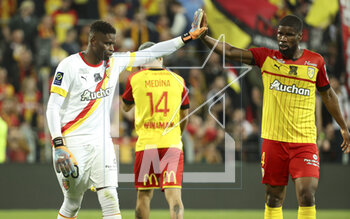 2023-05-06 - Lens goalkeeper Brice Samba, Kevin Danso of Lens during the French championship Ligue 1 football match between RC Lens (RCL) and Olympique de Marseille (OM) on May 6, 2023 at Stade Bollaert-Delelis in Lens, France - FOOTBALL - FRENCH CHAMP - LENS V MARSEILLE - FRENCH LIGUE 1 - SOCCER