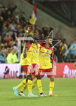 2023-05-06 - Massadio Haidara, Seko Fofana, Lukasz Poreba of Lens celebrate the victory following the French championship Ligue 1 football match between RC Lens (RCL) and Olympique de Marseille (OM) on May 6, 2023 at Stade Bollaert-Delelis in Lens, France - FOOTBALL - FRENCH CHAMP - LENS V MARSEILLE - FRENCH LIGUE 1 - SOCCER