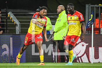 2023-05-06 - Lois OPENDA of Lens celebrate his goal with Massadio HAIDARA of Lens during the French championship Ligue 1 football match between RC Lens and Olympique de Marseille on May 6, 2023 at Bollaert-Delelis stadium in Lens, France - FOOTBALL - FRENCH CHAMP - LENS V MARSEILLE - FRENCH LIGUE 1 - SOCCER