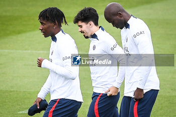 2023-05-12 - Timothee PEMBELE of PSG, Vitor MACHADO FERREIRA (Vitinha) of PSG and Danilo PEREIRA of PSG during the training of the Paris Saint-Germain team on May 12, 2023 at Camp des Loges in Saint-Germain-en-Laye near Paris, France - FOOTBALL - TRAINING OF THE PARIS SG TEAM - FRENCH LIGUE 1 - SOCCER