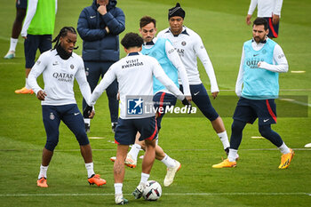 2023-05-12 - Renato SANCHES of PSG, Fabian RUIZ of PSG, Kylian MBAPPE of PSG and Lionel (Leo) MESSI of PSG during the training of the Paris Saint-Germain team on May 12, 2023 at Camp des Loges in Saint-Germain-en-Laye near Paris, France - FOOTBALL - TRAINING OF THE PARIS SG TEAM - FRENCH LIGUE 1 - SOCCER