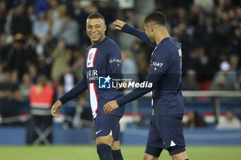 2023-05-13 - Achraf Hakimi of PSG celebrates his goal with Kylian Mbappe (left) during the French championship Ligue 1 football match between Paris Saint-Germain and AC Ajaccio on May 13, 2023 at Parc des Princes stadium in Paris, France - FOOTBALL - FRENCH CHAMP - PARIS SG V AJACCIO - FRENCH LIGUE 1 - SOCCER