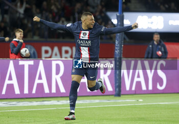 2023-05-13 - Kylian Mbappe of PSG celebrates his first goal during the French championship Ligue 1 football match between Paris Saint-Germain and AC Ajaccio on May 13, 2023 at Parc des Princes stadium in Paris, France - FOOTBALL - FRENCH CHAMP - PARIS SG V AJACCIO - FRENCH LIGUE 1 - SOCCER