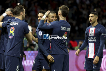 2023-05-13 - Kylian Mbappe of PSG celebrates his first goal with Sergio Ramos during the French championship Ligue 1 football match between Paris Saint-Germain and AC Ajaccio on May 13, 2023 at Parc des Princes stadium in Paris, France - FOOTBALL - FRENCH CHAMP - PARIS SG V AJACCIO - FRENCH LIGUE 1 - SOCCER