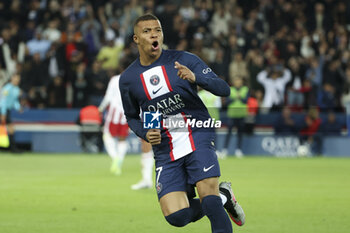 2023-05-13 - Kylian Mbappe of PSG celebrates his second goal during the French championship Ligue 1 football match between Paris Saint-Germain and AC Ajaccio on May 13, 2023 at Parc des Princes stadium in Paris, France - FOOTBALL - FRENCH CHAMP - PARIS SG V AJACCIO - FRENCH LIGUE 1 - SOCCER