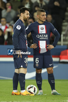 2023-05-13 - Lionel Messi, Marco Verratti of PSG during the French championship Ligue 1 football match between Paris Saint-Germain and AC Ajaccio on May 13, 2023 at Parc des Princes stadium in Paris, France - FOOTBALL - FRENCH CHAMP - PARIS SG V AJACCIO - FRENCH LIGUE 1 - SOCCER