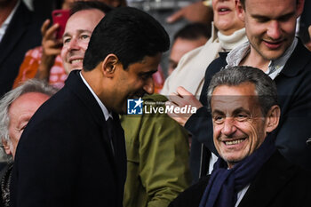 2023-05-13 - Nasser AL-KHELAIFI of PSG and Former French President Nicolas SARKOZY during the French championship Ligue 1 football match between Paris Saint-Germain and AC Ajaccio on May 13, 2023 at Parc des Princes stadium in Paris, France - FOOTBALL - FRENCH CHAMP - PARIS SG V AJACCIO - FRENCH LIGUE 1 - SOCCER