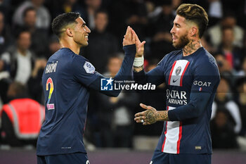 2023-05-13 - Achraf HAKIMI of PSG celebrate his goal with Sergio RAMOS of PSG during the French championship Ligue 1 football match between Paris Saint-Germain and AC Ajaccio on May 13, 2023 at Parc des Princes stadium in Paris, France - FOOTBALL - FRENCH CHAMP - PARIS SG V AJACCIO - FRENCH LIGUE 1 - SOCCER