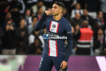 2023-05-13 - Achraf HAKIMI of PSG celebrates his goal during the French championship Ligue 1 football match between Paris Saint-Germain and AC Ajaccio on May 13, 2023 at Parc des Princes stadium in Paris, France - FOOTBALL - FRENCH CHAMP - PARIS SG V AJACCIO - FRENCH LIGUE 1 - SOCCER