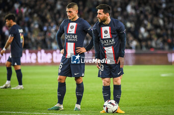 2023-05-13 - Marco VERRATTI of PSG and Lionel (Leo) MESSI of PSG during the French championship Ligue 1 football match between Paris Saint-Germain and AC Ajaccio on May 13, 2023 at Parc des Princes stadium in Paris, France - FOOTBALL - FRENCH CHAMP - PARIS SG V AJACCIO - FRENCH LIGUE 1 - SOCCER