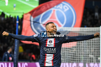 2023-05-13 - Kylian MBAPPE of PSG celebrates his goal during the French championship Ligue 1 football match between Paris Saint-Germain and AC Ajaccio on May 13, 2023 at Parc des Princes stadium in Paris, France - FOOTBALL - FRENCH CHAMP - PARIS SG V AJACCIO - FRENCH LIGUE 1 - SOCCER