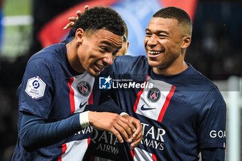 2023-05-13 - Kylian MBAPPE of PSG celebrate his goal with Achraf HAKIMI of PSG during the French championship Ligue 1 football match between Paris Saint-Germain and AC Ajaccio on May 13, 2023 at Parc des Princes stadium in Paris, France - FOOTBALL - FRENCH CHAMP - PARIS SG V AJACCIO - FRENCH LIGUE 1 - SOCCER