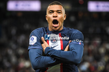 2023-05-13 - Kylian MBAPPE of PSG celebrates his goal during the French championship Ligue 1 football match between Paris Saint-Germain and AC Ajaccio on May 13, 2023 at Parc des Princes stadium in Paris, France - FOOTBALL - FRENCH CHAMP - PARIS SG V AJACCIO - FRENCH LIGUE 1 - SOCCER