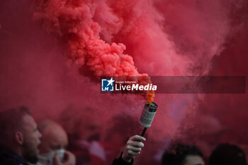 2023-05-20 - This picture shows a smoke bomb during the French championship Ligue 1 football match between Losc Lille and Olympique de Marseille on May 20, 2023 at Pierre Mauroy stadium in Villeneuve-d'Ascq near Lille, France - FOOTBALL - FRENCH CHAMP - LILLE V MARSEILLE - FRENCH LIGUE 1 - SOCCER