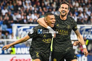 2023-05-21 - Kylian MBAPPE of PSG celebrate his goal with Fabian RUIZ of PSG during the French championship Ligue 1 football match between AJ Auxerre and Paris Saint-Germain on May 21, 2023 at Abbe-Deschamps stadium in Auxerre, France - FOOTBALL - FRENCH CHAMP - AUXERRE V PARIS SG - FRENCH LIGUE 1 - SOCCER