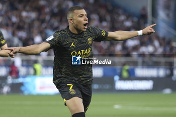 2023-05-21 - Kylian Mbappe of PSG celebrates his second goal during the French championship Ligue 1 football match between AJ Auxerre and Paris Saint-Germain on May 21, 2023 at Abbé-Deschamps stadium in Auxerre, France - FOOTBALL - FRENCH CHAMP - AUXERRE V PARIS SG - FRENCH LIGUE 1 - SOCCER